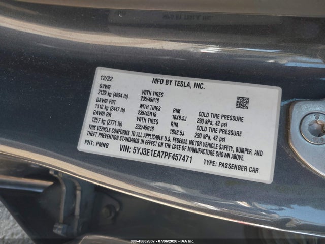 Продаж на аукціоні авто 2023 Tesla Model 3 Rear-wheel Drive, vin: 5YJ3E1EA7PF457471, номер лоту: 45552807