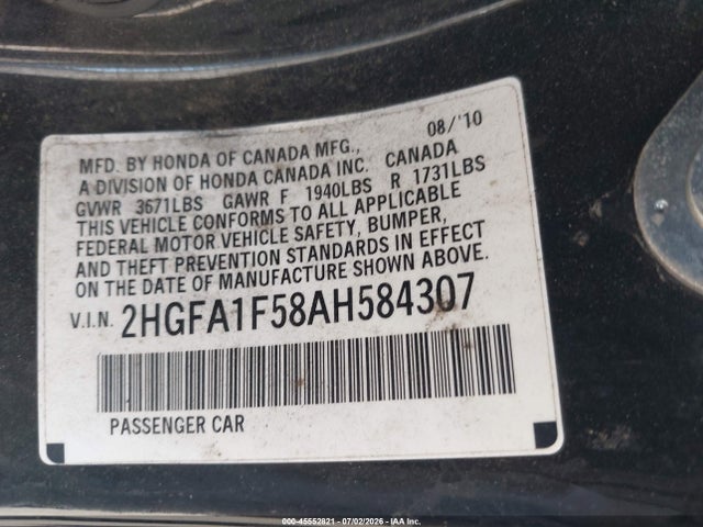 2010 Honda Civic Lx მანქანა იყიდება აუქციონზე, vin: 2HGFA1F58AH584307, აუქციონის ნომერი: 45552821