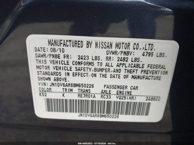 Aukcja sprzedaży 2011 Infiniti G25x, vin: JN1DV6AR6BM650226, numer aukcji: 45552822