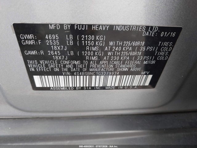 4S4BSBNC1G3279934 Subaru Outback 2.5i Limited