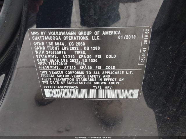 Продажа на аукционе авто 2019 Volkswagen Atlas 2.0t S, vin: 1V2AP2CA3KC539020, номер лота: 45552833