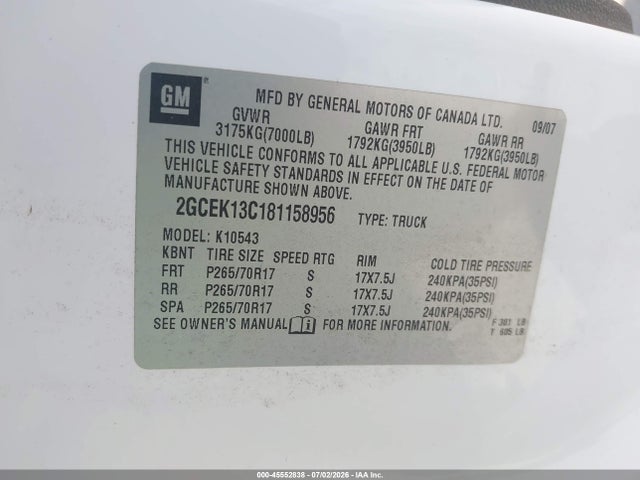 45552838 :رقم المزاد ، 2GCEK13C181158956 vin ، 2008 Chevrolet Silverado 1500 Ls مزاد بيع