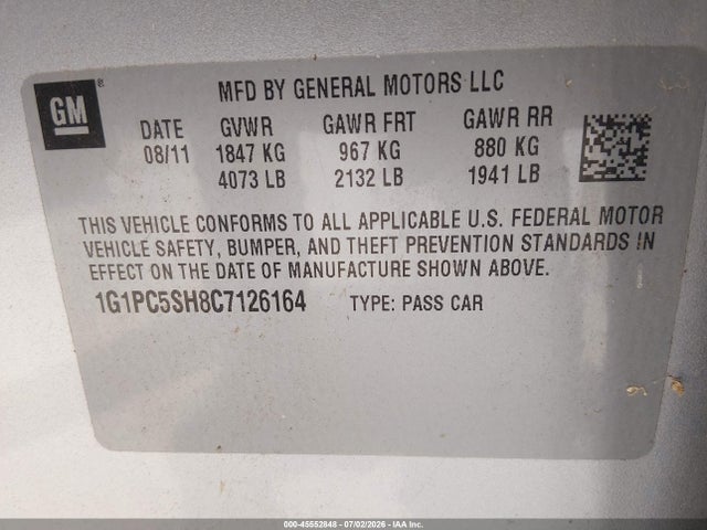 Продаж на аукціоні авто 2012 Chevrolet Cruze Ls, vin: 1G1PC5SH8C7126164, номер лоту: 45552848