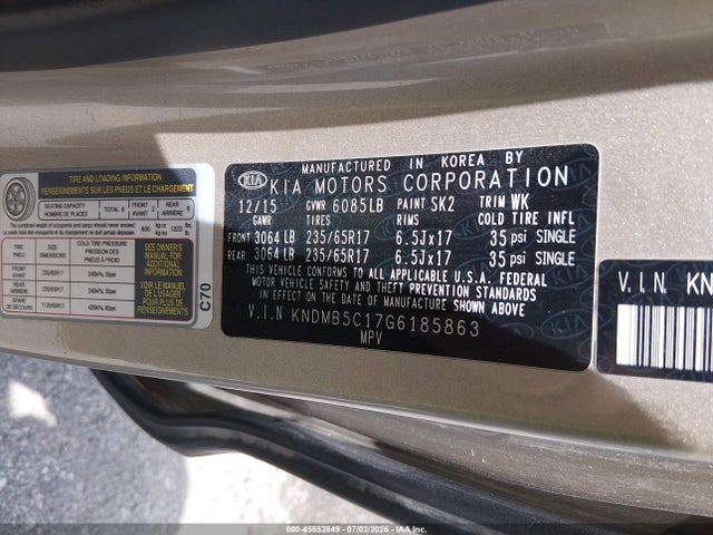 Aukcja sprzedaży 2016 Kia Sedona Lx, vin: KNDMB5C17G6185863, numer aukcji: 45552849