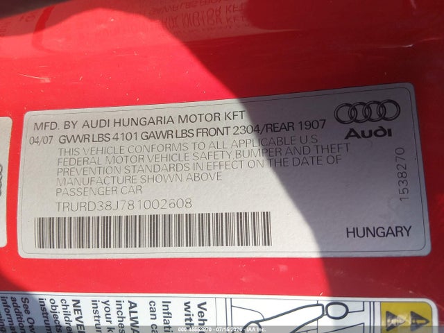 Продаж на аукціоні авто 2008 Audi Tt 3.2, vin: TRURD38J781002608, номер лоту: 45552870