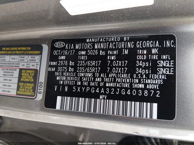 5XYPG4A32JG403872 KIA Sorento 2.4l Lx