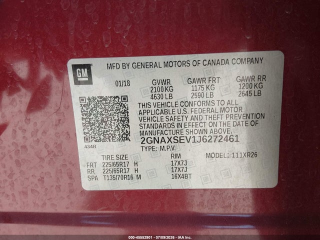 2018 Chevrolet Equinox Lt მანქანა იყიდება აუქციონზე, vin: 2GNAXSEV1J6272461, აუქციონის ნომერი: 45552901