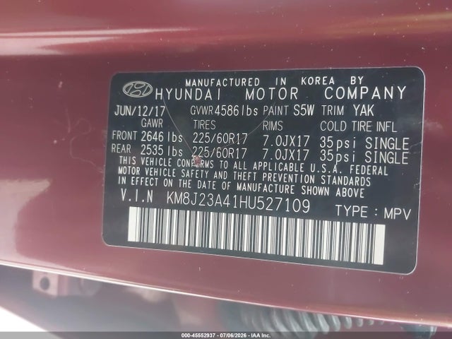 Aukcja sprzedaży 2017 Hyundai Tucson Se, vin: KM8J23A41HU527109, numer aukcji: 45552937