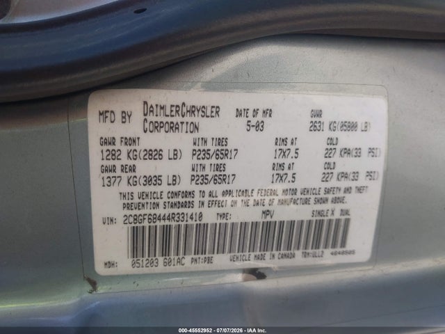 Продажа на аукционе авто 2004 Chrysler Pacifica, vin: 2C8GF68444R331410, номер лота: 45552952
