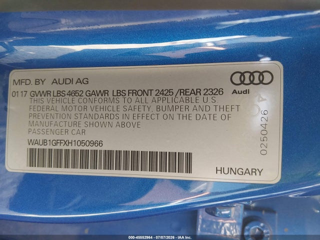Продажа на аукционе авто 2017 Audi S3 Premium Plus, vin: WAUB1GFFXH1050966, номер лота: 45552964