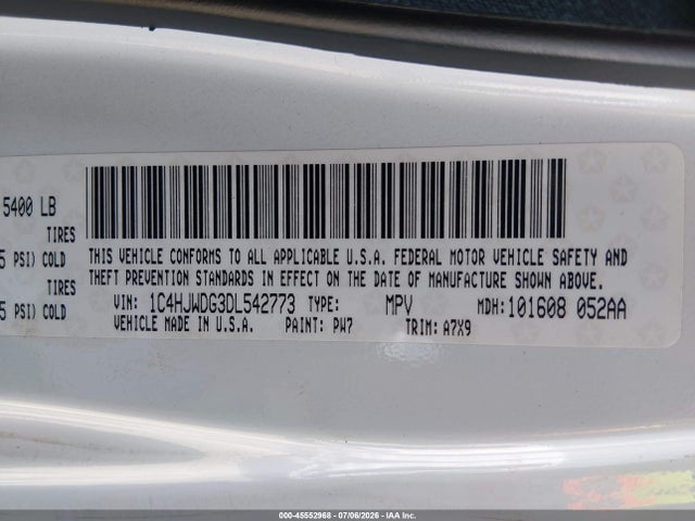 2013 Jeep Wrangler Unlimited Sport მანქანა იყიდება აუქციონზე, vin: 1C4HJWDG3DL542773, აუქციონის ნომერი: 45552968