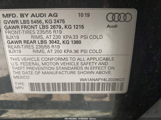 Aukcja sprzedaży 2020 Audi Q5 Premium 45 Tfsi Quattro S Tronic, vin: WA1ANAFY4L2028623, numer aukcji: 45552982