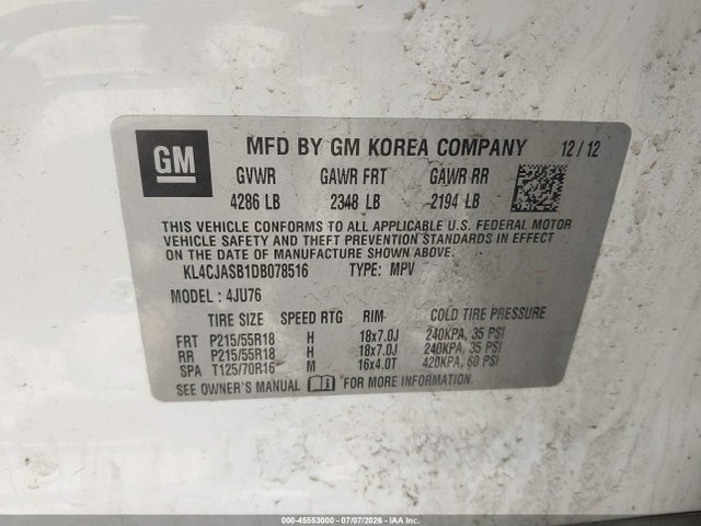 45553000 :رقم المزاد ، KL4CJASB1DB078516 vin ، 2013 Buick Encore مزاد بيع