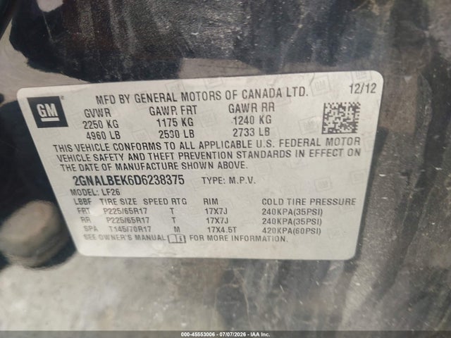 45553006 :رقم المزاد ، 2GNALBEK6D6238375 vin ، 2013 Chevrolet Equinox Ls مزاد بيع