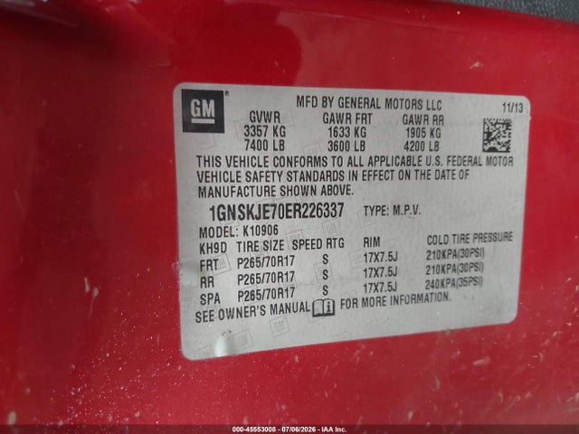 45553008 :رقم المزاد ، 1GNSKJE70ER226337 vin ، 2014 Chevrolet Suburban Lt مزاد بيع