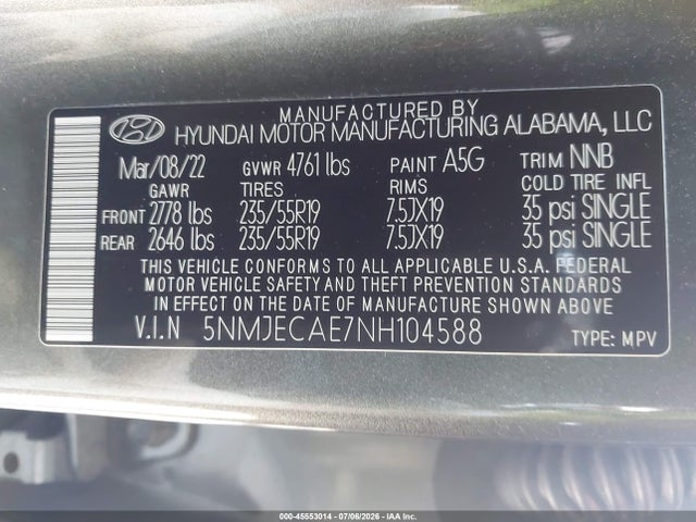 Продажа на аукционе авто 2022 Hyundai Tucson Limited, vin: 5NMJECAE7NH104588, номер лота: 45553014
