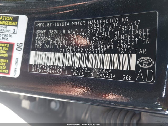 45553023 :رقم المزاد ، 2T1BURHEXJC993015 vin ، 2018 Toyota Corolla Le مزاد بيع