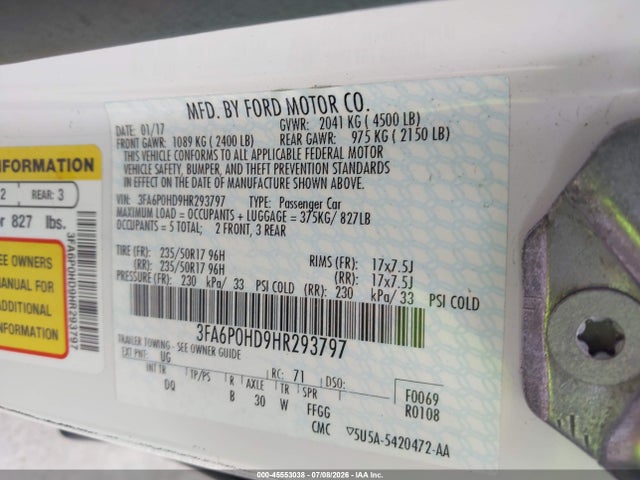 Aukcja sprzedaży 2017 Ford Fusion Se, vin: 3FA6P0HD9HR293797, numer aukcji: 45553038