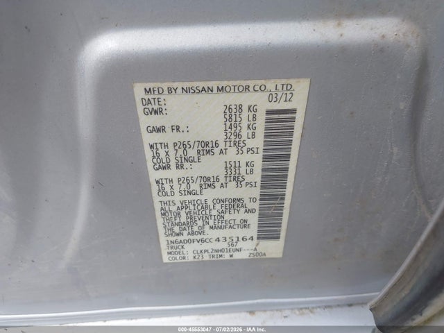 Продаж на аукціоні авто 2012 Nissan Frontier Sv, vin: 1N6AD0FV6CC435164, номер лоту: 45553047