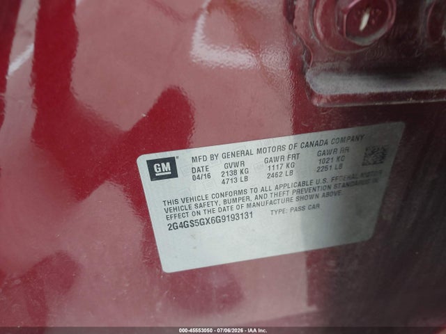 45553050 :رقم المزاد ، 2G4GS5GX6G9193131 vin ، 2016 Buick Regal Turbo Premium Ii مزاد بيع