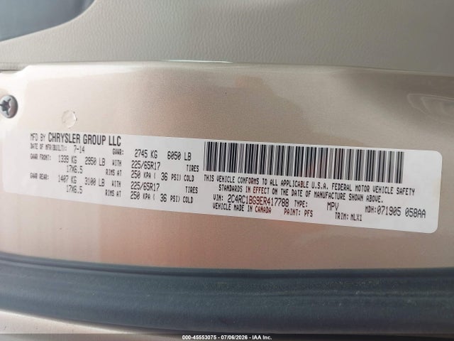Aukcja sprzedaży 2014 Chrysler Town & Country Touring, vin: 2C4RC1BG9ER417788, numer aukcji: 45553075