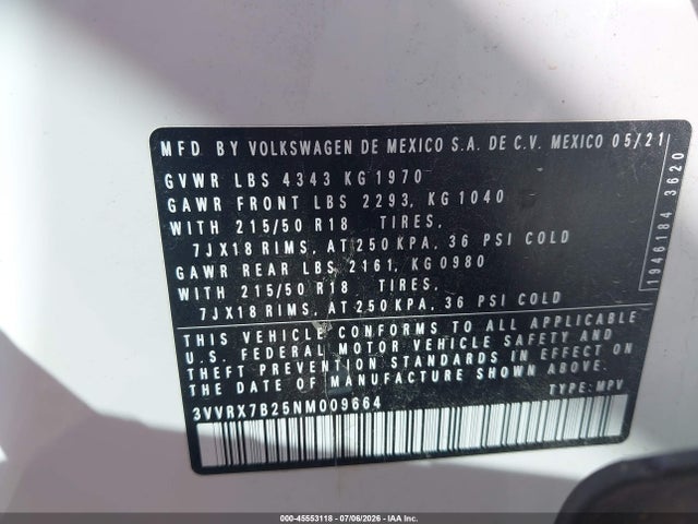 45553118 :رقم المزاد ، 3VVRX7B25NM009664 vin ، 2022 Volkswagen Taos 1.5t Se مزاد بيع