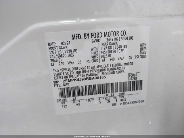 2024 Ford Edge St-line მანქანა იყიდება აუქციონზე, vin: 2FMPK4J99RBA96165, აუქციონის ნომერი: 45553126