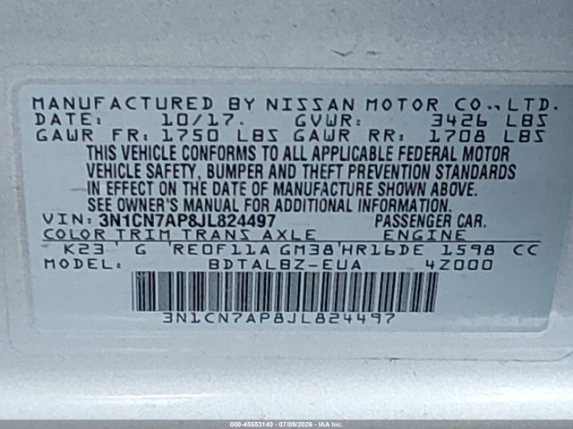 Nissan Versa 1.6 Sv 2018 3N1CN7AP8JL824497 Image 9