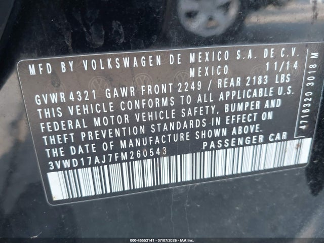 45553141 :رقم المزاد ، 3VWD17AJ7FM260543 vin ، 2015 Volkswagen Jetta 1.8t Se مزاد بيع