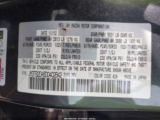 2013 Mazda Cx-9 Grand Touring მანქანა იყიდება აუქციონზე, vin: JM3TB2DA6D0402642, აუქციონის ნომერი: 45553146