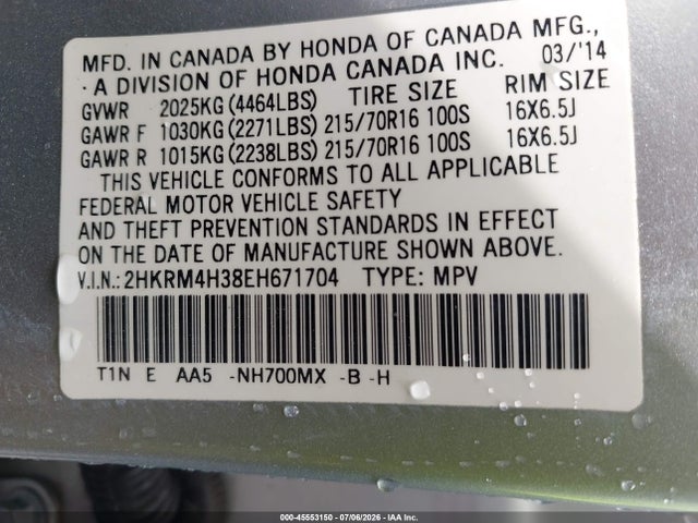 45553150 :رقم المزاد ، 2HKRM4H38EH671704 vin ، 2014 Honda Cr-v Lx مزاد بيع