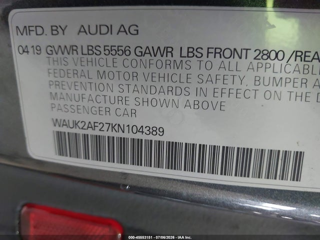 45553151 :رقم المزاد ، WAUK2AF27KN104389 vin ، 2019 Audi A6 55 Premium مزاد بيع
