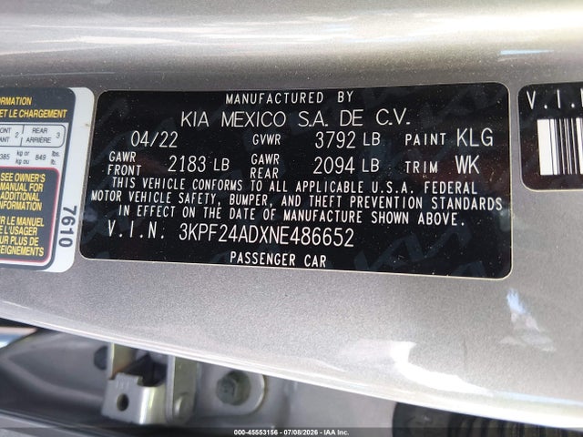 45553156 :رقم المزاد ، 3KPF24ADXNE486652 vin ، 2022 Kia Forte Lxs مزاد بيع