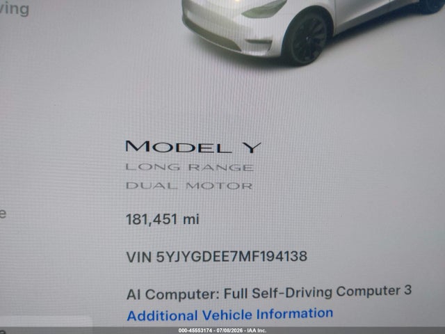 45553174 :رقم المزاد ، 5YJYGDEE7MF194138 vin ، 2021 Tesla Model Y Long Range Dual Motor All-wheel Drive مزاد بيع