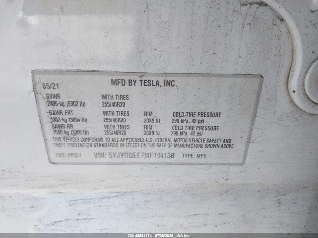45553174 :رقم المزاد ، 5YJYGDEE7MF194138 vin ، 2021 Tesla Model Y Long Range Dual Motor All-wheel Drive مزاد بيع