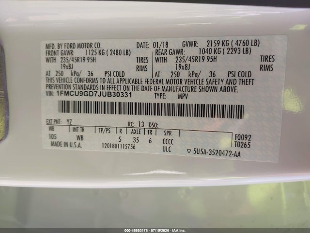 Ford ESCAPE SE 2018 1FMCU9GD7JUB30331 Image 9