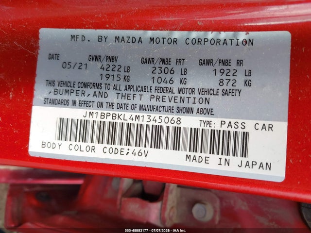 45553177 :رقم المزاد ، JM1BPBKL4M1345068 vin ، 2021 Mazda Mazda3 Select مزاد بيع