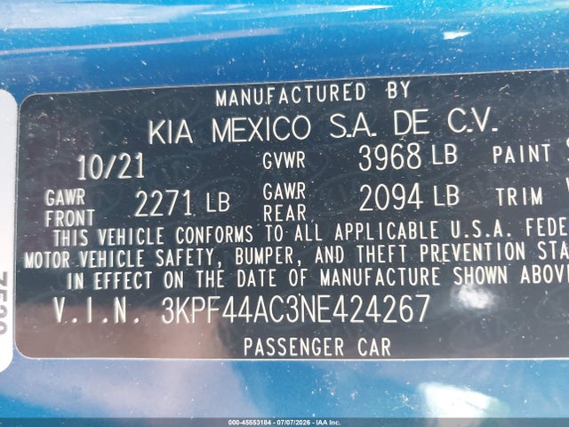 45553184 :رقم المزاد ، 3KPF44AC3NE424267 vin ، 2022 Kia Forte Gt مزاد بيع