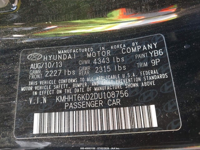 2013 Hyundai Genesis 2.0t მანქანა იყიდება აუქციონზე, vin: KMHHT6KD2DU108756, აუქციონის ნომერი: 45553188