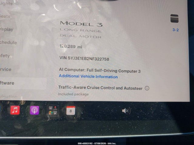 45553192 :رقم المزاد ، 5YJ3E1EB2NF322758 vin ، 2022 Tesla Model 3 Long Range Dual Motor All-wheel Drive مزاد بيع