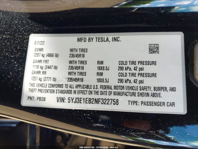 45553192 :رقم المزاد ، 5YJ3E1EB2NF322758 vin ، 2022 Tesla Model 3 Long Range Dual Motor All-wheel Drive مزاد بيع