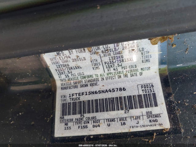 Продаж на аукціоні авто 1995 Ford F150, vin: 1FTEF15N6SNA45786, номер лоту: 45553218