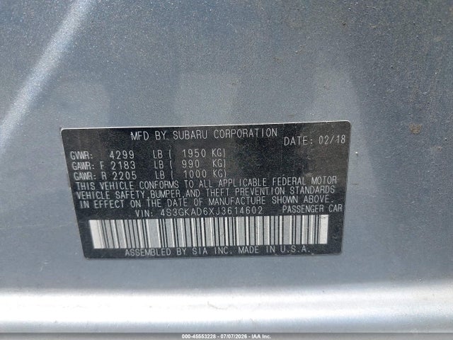 Продаж на аукціоні авто 2018 Subaru Impreza 2.0i Premium, vin: 4S3GKAD6XJ3614602, номер лоту: 45553228
