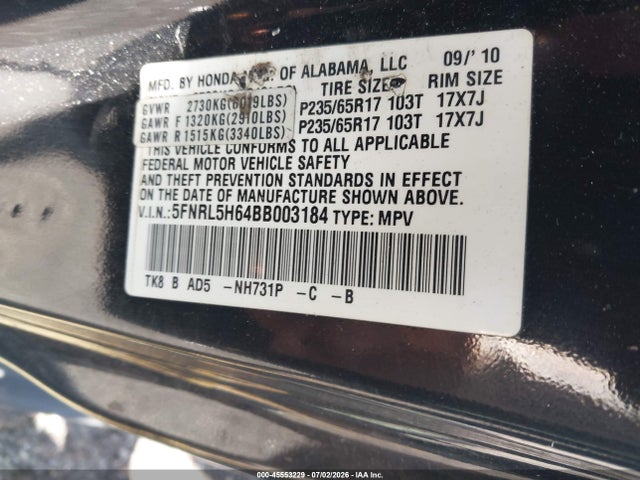 Aukcja sprzedaży 2011 Honda Odyssey Ex-l, vin: 5FNRL5H64BB003184, numer aukcji: 45553229