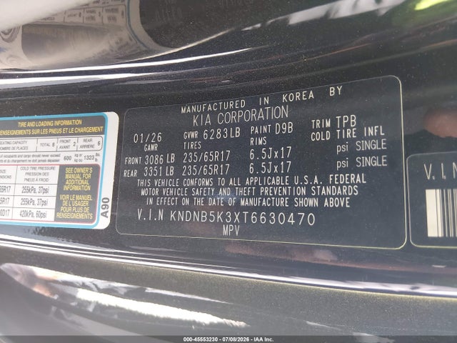 Aukcja sprzedaży 2026 Kia Carnival Mpv Lxs, vin: KNDNB5K3XT6630470, numer aukcji: 45553230