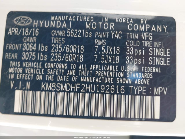 2017 Hyundai Santa Fe Se მანქანა იყიდება აუქციონზე, vin: KM8SMDHF2HU192616, აუქციონის ნომერი: 45553243