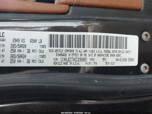 2012 Jeep Grand Cherokee Overland მანქანა იყიდება აუქციონზე, vin: 1C4RJECT0CC235055, აუქციონის ნომერი: 45553244