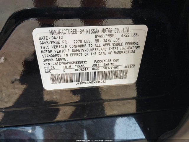 Продажа на аукционе авто 2012 Infiniti G37 Journey, vin: JN1CV6AP0CM935032, номер лота: 45553287
