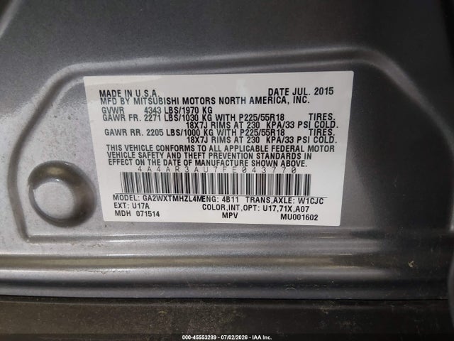 45553289 :رقم المزاد ، 4A4AR3AU7FE043770 vin ، 2015 Mitsubishi Outlander Sport Es مزاد بيع