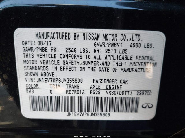 Aukcja sprzedaży 2018 Infiniti Q50 3.0t Luxe, vin: JN1EV7AP6JM355909, numer aukcji: 45553303